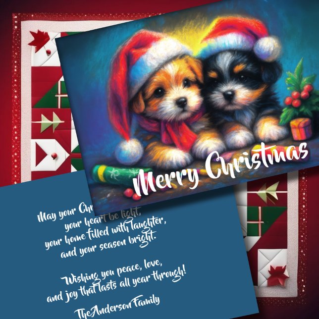 Zwei Niedliche Welpen in Weihnachtsmannmützen Feiertagskarte (Von Creator hochgeladen)