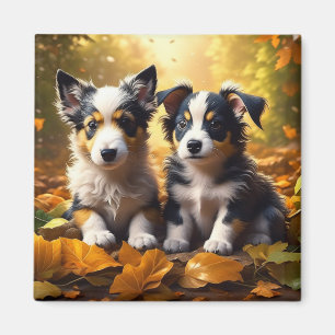 Zwei Niedliche Welpen spielen in Herbstlauben Magnet
