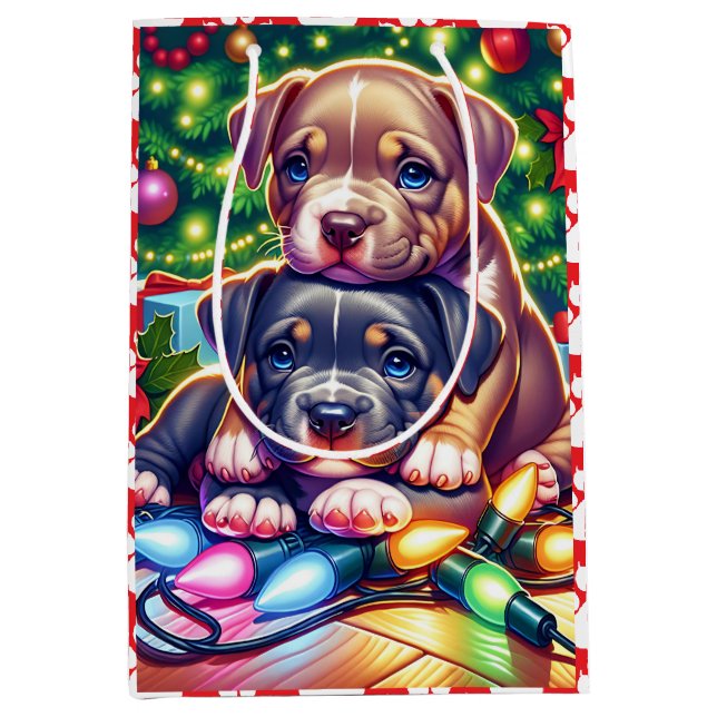 Zwei Niedliche Welpen spielen unter dem Weihnachts Mittlere Geschenktüte (Vorderseite)