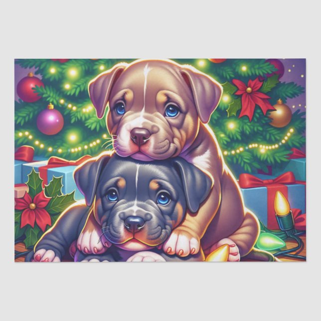 Zwei Niedliche Welpen spielen unter dem Weihnachts Seidenpapier (Vorderseite)