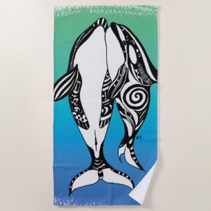 Zwei Orca Killer Whales Stamm Doodle Aquamarin Blu Strandtuch