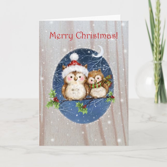 Zwei Owls auf dem Zweig, Frohe Weihnachten Karte (Vorderseite)