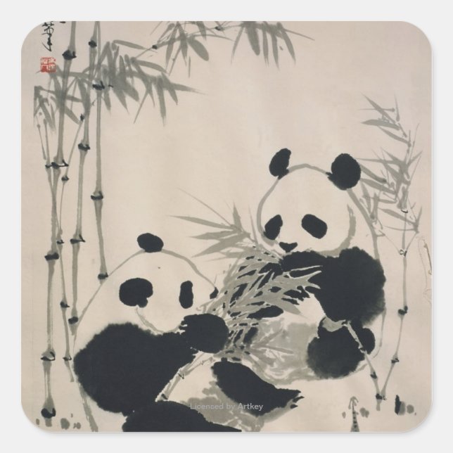 Zwei Pandas Quadratischer Aufkleber (Vorderseite)