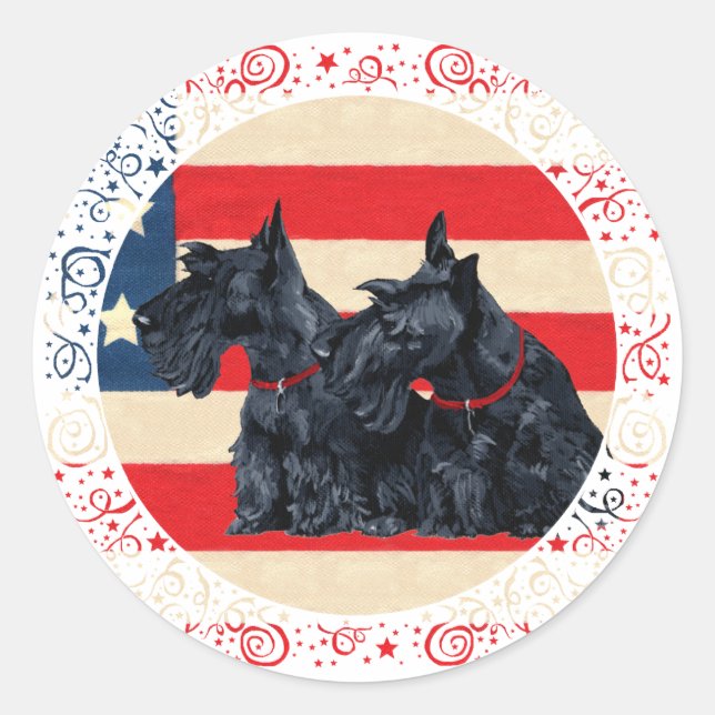 Zwei Patriotic Scottish Terriers Runder Aufkleber (Vorderseite)