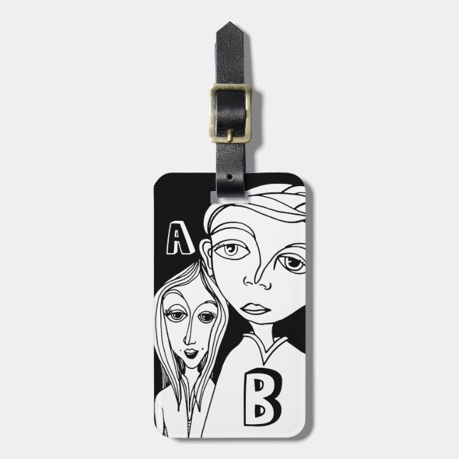 Zwei Personalisierte Buchstaben und lustige Doodle Gepäckanhänger (Vorderseite vertikal)