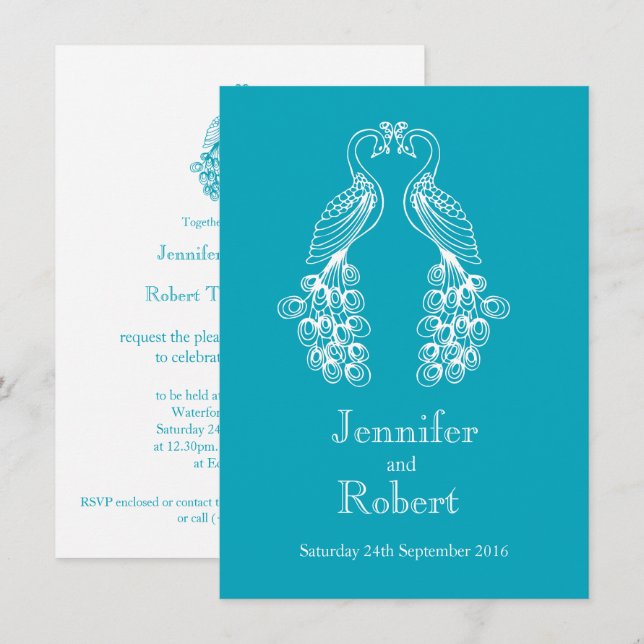 Zwei Pfau aquamarine weiße Hochzeit Einladung (Vorne/Hinten)