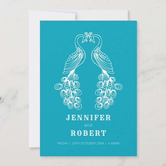 Zwei Pfau Vogel aquamarine weiße Hochzeit Einladun Einladung (Vorderseite)