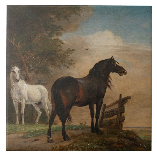 Zwei Pferde auf einer Wiese nahe dem Tor (Paulus P Fliese (Vorderseite)