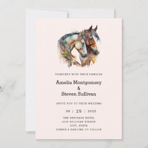 Zwei Pferde mit Federschmuck Boho-Hochzeit Einladung