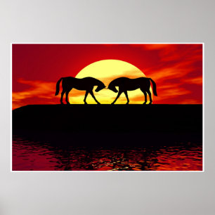 zwei Pferde vor Sonnenuntergang Poster