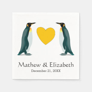 Zwei Pinguine   Gelbes Herz   Hochzeit Serviette