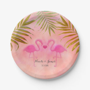 Zwei pinkfarbene Flamingos Watercolor Beach Hochze Pappteller