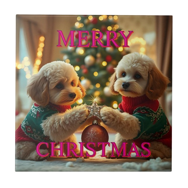 ZWEI POODLES FEIERN CHRISTMAS FLIESE (Vorderseite)