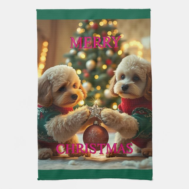 ZWEI POODLES FEIERN CHRISTMAS GESCHIRRTUCH (Vertikal)