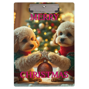 ZWEI PUDEL FEIERN WEIHNACHTEN KLEMMBRETT