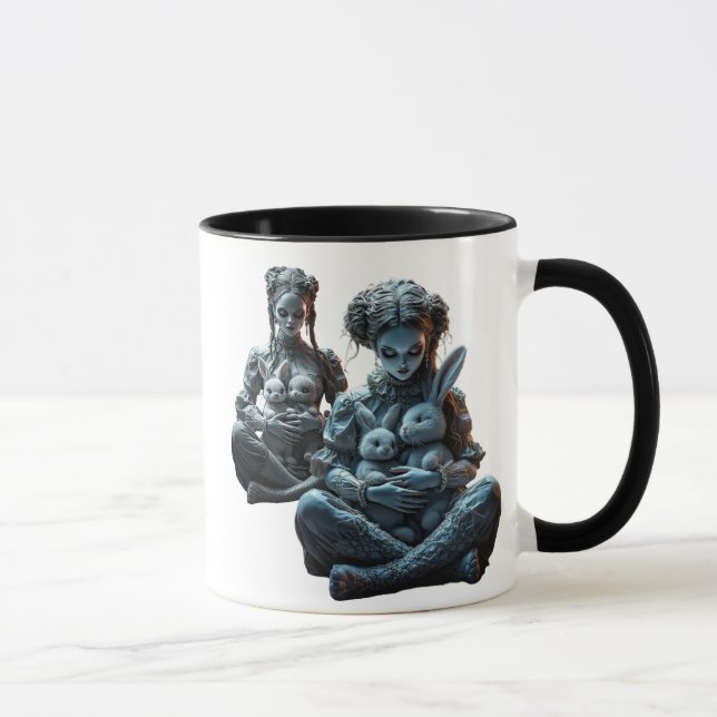 Zwei Puppen knuddeln ihre Kaninchen. Tasse (Rechts)