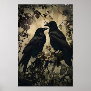 Zwei Raben im melancholischen floralen Wald druckb Poster