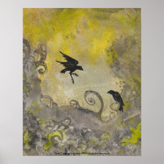 Zwei Ravens auf dem Smokey Yellow Abstrakt Art Pos Poster