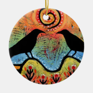 Zwei Ravens setzen sich und reflektieren Paare Keramik Ornament