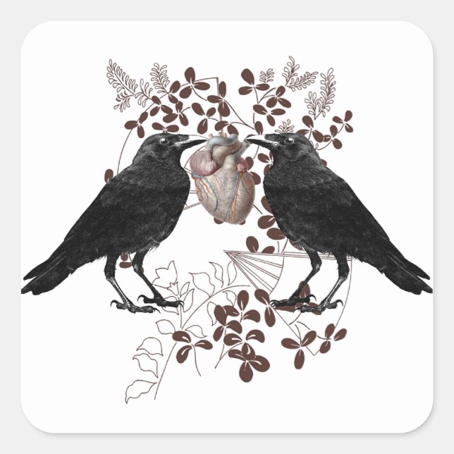 Zwei Ravens und Herz Quadratischer Aufkleber (Vorderseite)