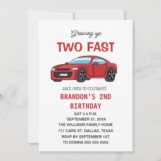 Zwei Rennwagen 2. Geburtstag Junge Einladung (Vorderseite)