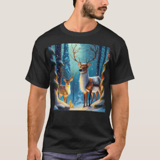 Zwei Rentiere in einem schneebedeckten Kiefernwald T-Shirt