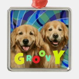 Zwei Retro Golden Retriever Hunde Psychedelic Groo Silbernes Ornament