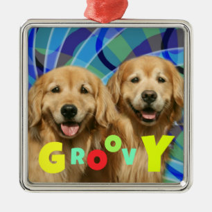 Zwei Retro Golden Retriever Hunde Psychedelic Groo Silbernes Ornament