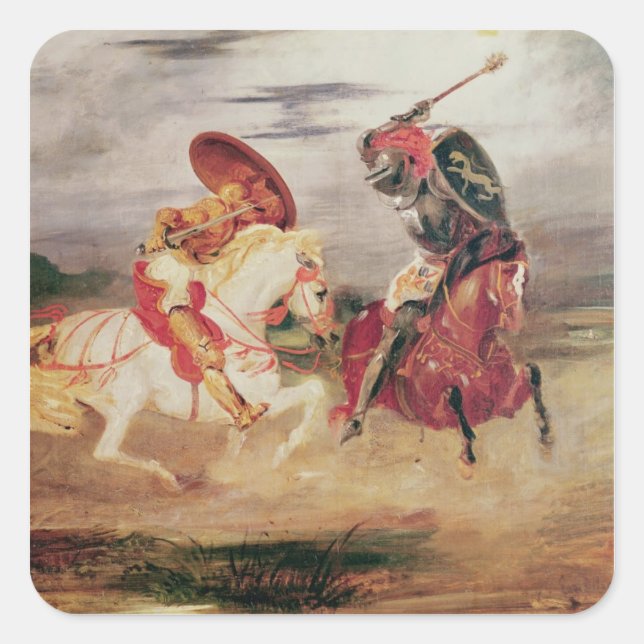 Zwei Ritter, die in einer Landschaft kämpfen, um 1 Quadratischer Aufkleber (Vorderseite)