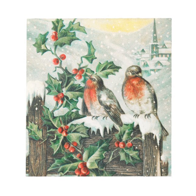 Zwei Robinen auf einem Zaun im Schnee Notizblock (Vorderseite)