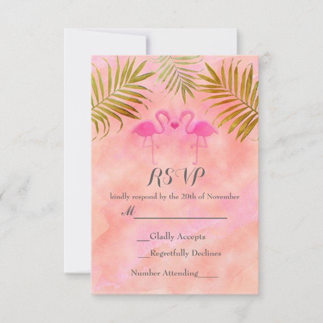Zwei rosa Flamingos Watercolor Beach Hochzeit UAWG RSVP Karte (Vorderseite)