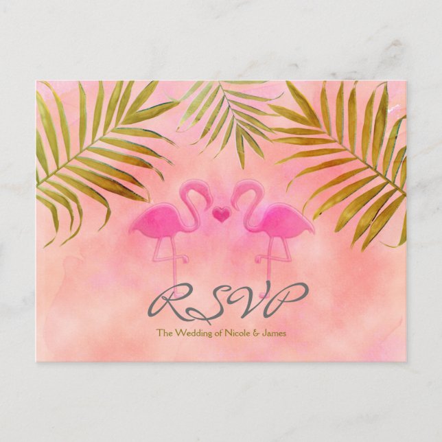 Zwei rosa Flamingos Watercolor Wedelkarten RSVP Einladungspostkarte (Vorderseite)