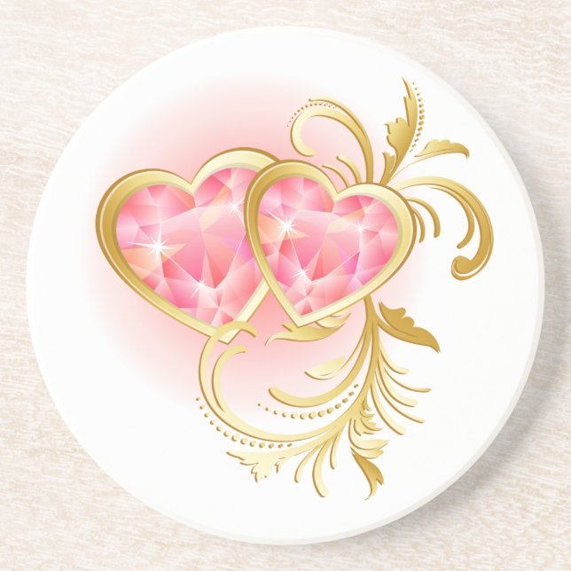 Zwei rosa Jeweled Hearts Getränkeuntersetzer (Vorne)
