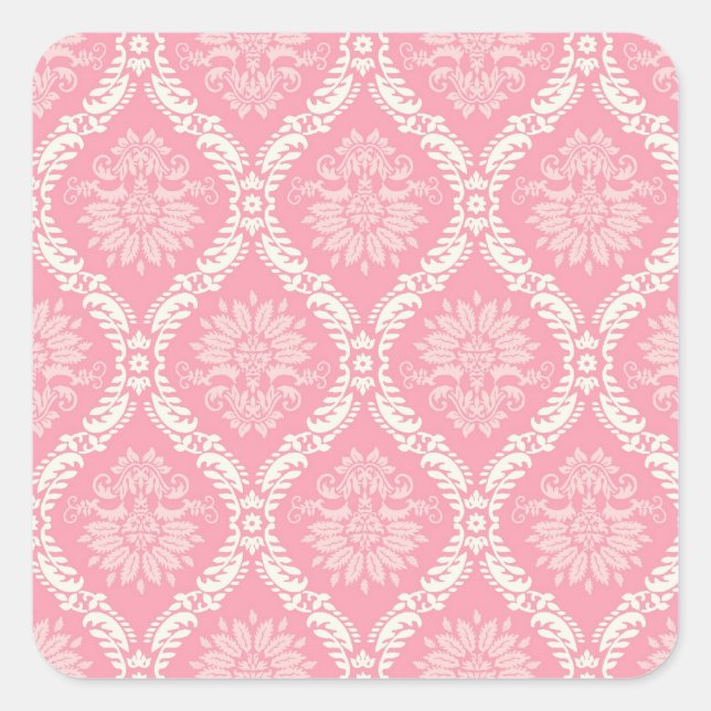zwei rosa und cremefarbene, elegante Damast Quadratischer Aufkleber (Vorderseite)