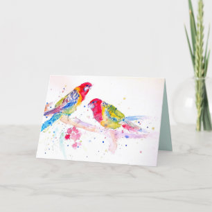 Zwei Rosella-Papageien Aquarell auf einer Astkarte Karte