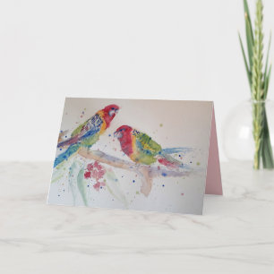 Zwei Rosella-Papageien Aquarell auf einer Astkarte Karte