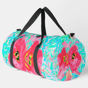 Zwei Rosy Red Coral Pum Crazy Hibiskus auf Aqua Duffle Bag