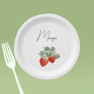Zwei rote Erdbeeren mit Blättern & Blüten Obst Pappteller