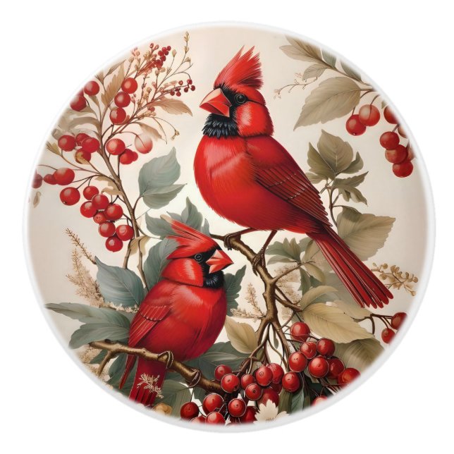 Zwei Rote Kardinal - Vögel und Beeren Keramikknauf (Vorderseite)