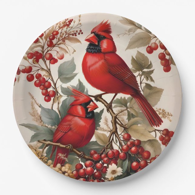 Zwei Rote Kardinal - Vögel und Beeren Pappteller (Vorderseite)