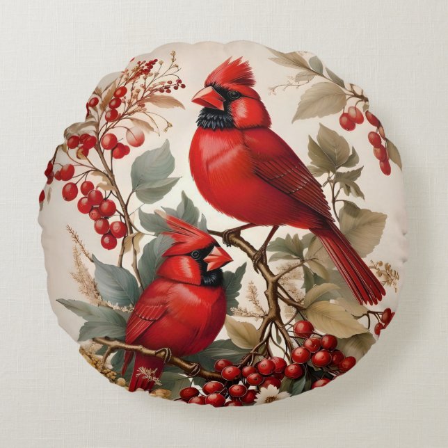 Zwei Rote Kardinal - Vögel und Beeren Rundes Kissen (Vorderseite)
