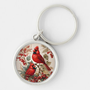 Zwei Rote Kardinal - Vögel und Beeren Schlüsselanhänger