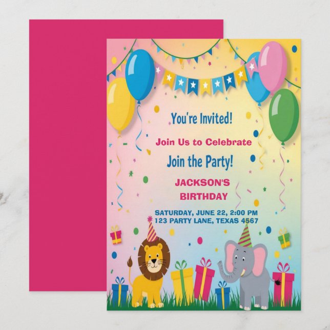 Zwei Safari-Tiere zum Geburtstag Einladung (Vorne/Hinten)