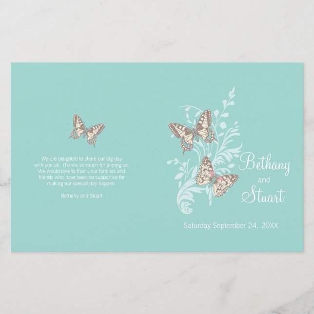 Zwei Schmetterlinge Aqua aquamarine Hochzeitsprogr (Vorderseite)
