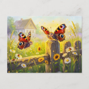 Zwei Schmetterlinge auf dem Gartenzaun im Sommer Postkarte