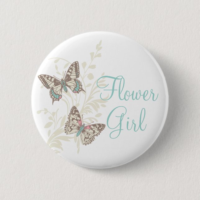 Zwei Schmetterlinge Blume Mädchen Hochzeit Button  (Vorderseite)