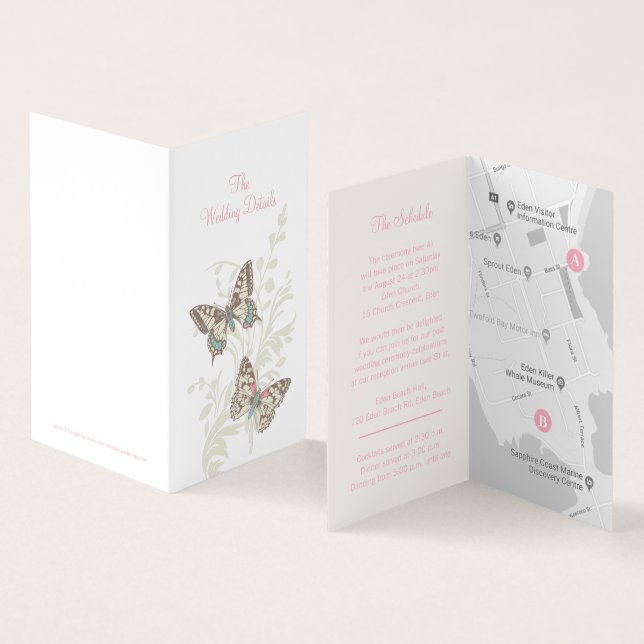 Zwei Schmetterlinge Rosa Hochzeit Details Zeitplan (Innenseite und Außenseite)