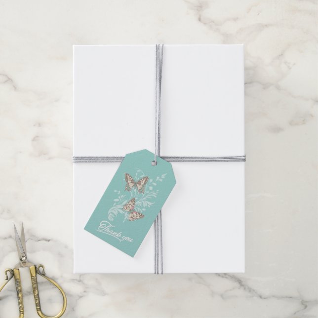 Zwei Schmetterlinge zeichnend Aqua Dankeschön Gesc Geschenkanhänger (Mit Garn)