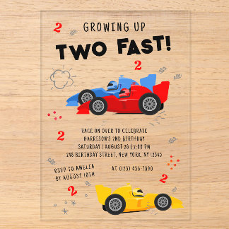 Zwei schnelle 2. Geburtstagskinder Racing Cars Acryleinladungen