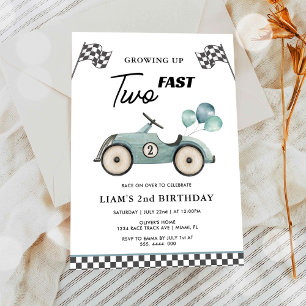 ZWEI schnelle blaue Rennwagen Jungen 2. Geburtstag Einladung